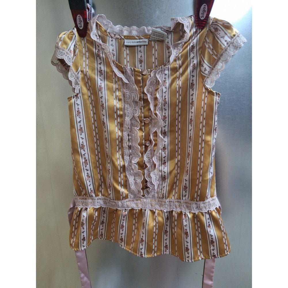 Mary Kate and Ashley Blouse Gold Floral Stripe Lace Trim Cap Sleeve Top Kids 7/8